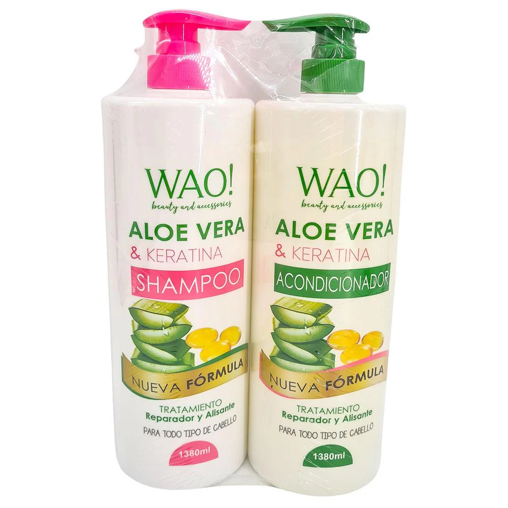 Shampoo y Acondicionador Wao Con Aloe Vera y Keratina 1380 ml 2 Piezas - Imagen 2